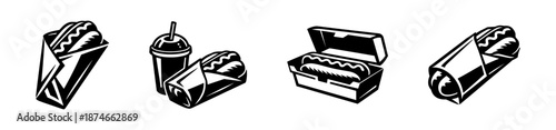 Sandwich vector icons set. grayscale fast food symbols. subs, wraps, takeaway meals.