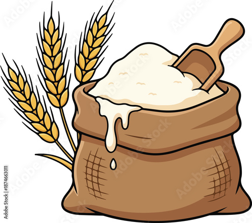 Freshly milled wheat flour in a sack with a wooden scoop and golden grain stalks