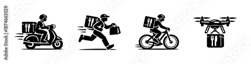 Food delivery vector icons set: scooter, runner, bicycle, drone courier symbols