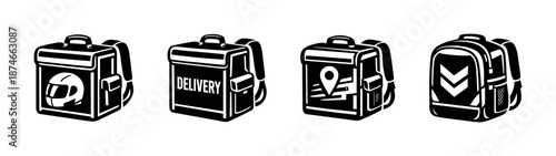 Delivery backpack vector icons set. courier, logistics, shipping, and travel symbols.