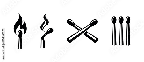 Matchstick vector icons set: burning, crossed, and unlit match symbols
