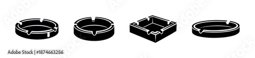 Vector icons set of ashtrays. black solid, outline, round, square smoking symbols