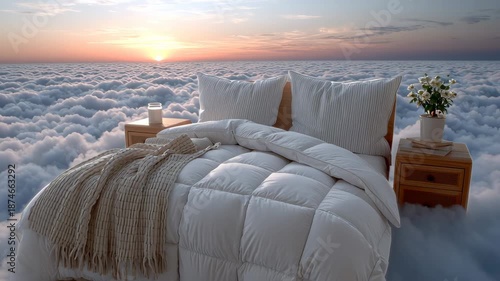 Dreamy bed scene floating above clouds at sunrise with soft bedding, decorative pillows, and cozy throw blanket creating a serene atmosphere for relaxation and comfort in a surreal setting