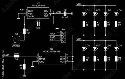 Schematic diagram of digital electronic device on paper sheet. Vector drawing electrical circuit with 
integrated circuit, led indicator, pressure sensor, connector, diode, capacitor, resistor, other.