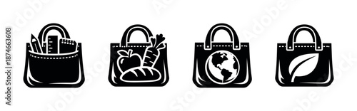 Eco-friendly bag vector icons set: shopping, groceries, earth, leaf symbols