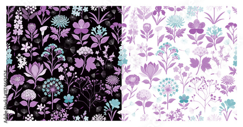 Blooming Meadow Boho Seamless Pattern dark and light background. Hand drawn. Not AI, vector illustration.