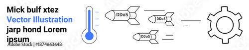 DDoS missiles heading toward a gear, joined by a thermometer with input, representing cyber threats. Ideal for cyberattack, system overload, IT security, hacking, vulnerability, online safety simple