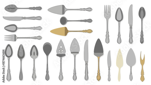Vintage and modern cutlery collection in gray and gold with silhouette designs