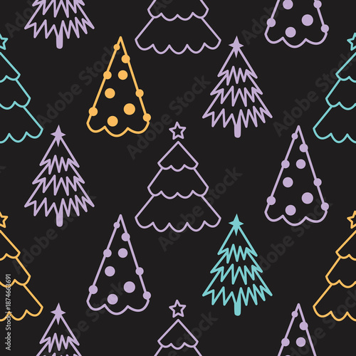 Winter forest kids pattern with pine trees outlines, deep dark background with neon accents.