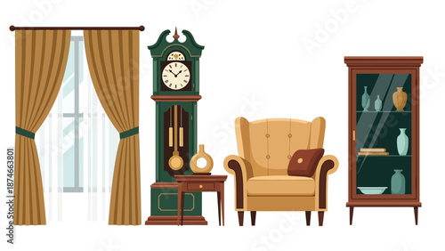Classic living room elements with grandfather clock and armchair