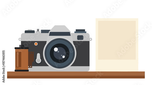 Retro camera and film with polaroid blank frame on shelf in flat design