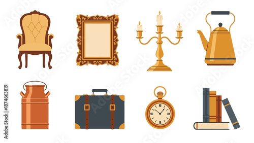 Vintage objects collection with antique furniture and accessories in flat design