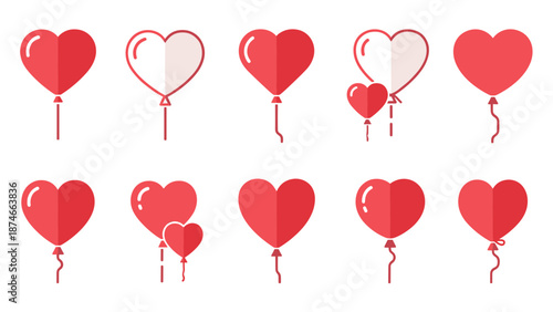 A vector graphic illustration of nine red heart-shaped balloons on transparent background
