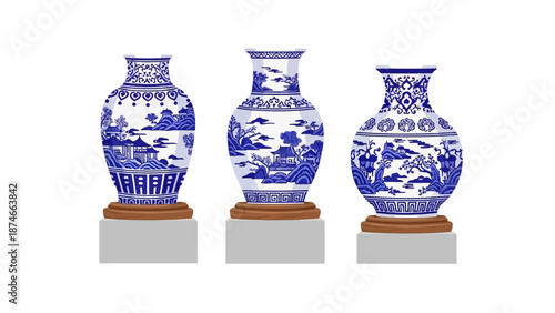 Elegant porcelain vases with blue and white traditional patterns on display