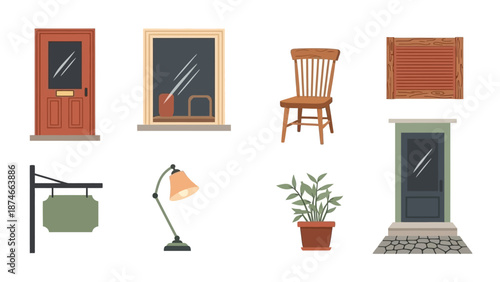 Charming vintage home elements: doors, windows, and decor in flat style