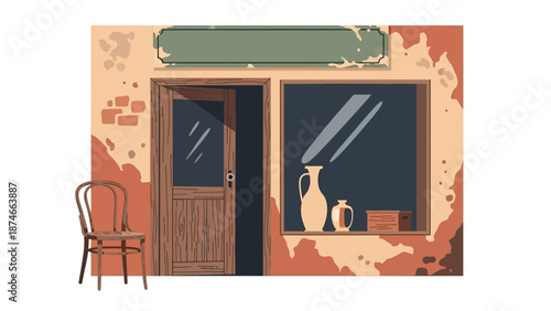 Charming rustic shopfront with vintage chair and pottery display in earthy hues