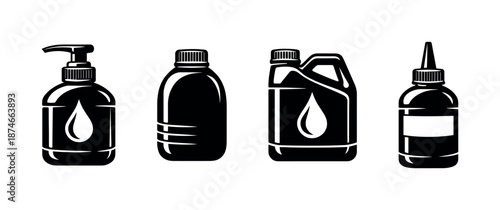 Vector icons set of bottles. black container collection for oil, liquid, gel.