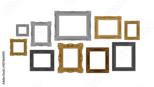Collection of ornate baroque frames in gold, silver, and bronze