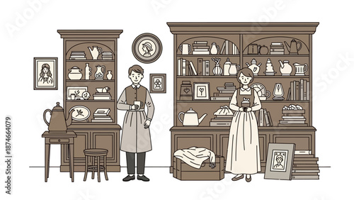 Cozy antique shop with customers browsing vintage items with elegant decor