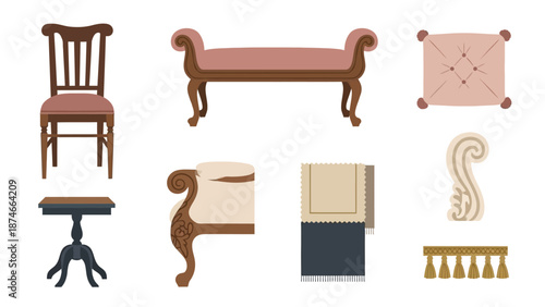 Elegant vintage furniture elements in flat design for interior decor ideas