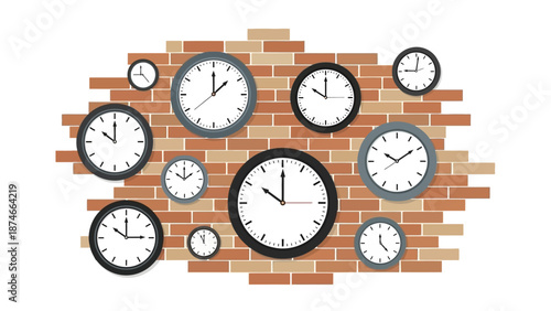 Multiple clocks on brick wall background: time concept design