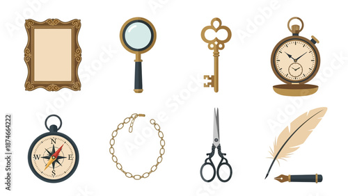 Elegant vintage objects: antique keys, pocket watch, and quill pen collection