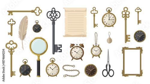 Vintage objects collection featuring clocks, keys, and accessories in flat design