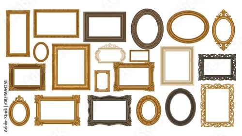 Assorted ornate and minimalist vintage picture frames on white background