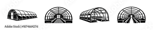 Greenhouse vector icons set: tunnel structures, glass houses, plant growth