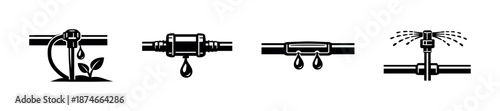 Irrigation systems vector icons set: drip, sprinkler, water conservation design