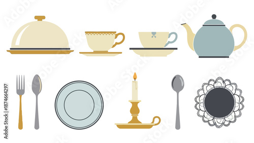 Vintage tea set and tableware collection with elegant retro design elements