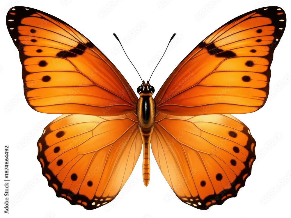 Fototapeta premium Orange butterfly isolated on transparent background with black spots and antennae