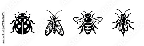 Insect vector icons set: bug, butterfly, bee, wasp symbols in flat design