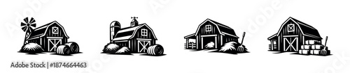 Farmhouse vector icons set: classic barns, monochrome rural buildings