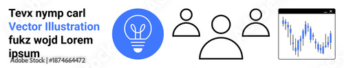 Team collaboration, market analysis, innovation, brainstorming, digital solutions, data interpretation. A light bulb icon, three user figures and a chart with analytics. Teamwork and innovation