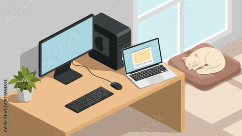 Cozy home office workspace with sleeping cat and modern electronics in isometric style