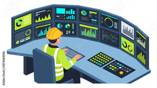 Control room operator managing multiple screens in a modern monitoring facility