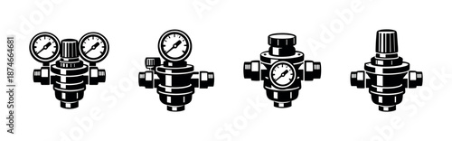 Pressure gauge vector icons set. mechanical instrument collection. industrial measurement tools.