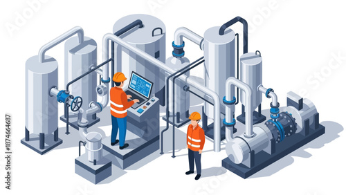 Industrial equipment and engineers in modern isometric factory setting