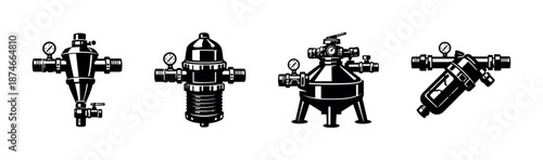 Industrial filters vector icons set with valves, gauges, and pressure symbols