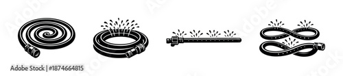 Garden hose vector icons set: watering, sprinkler, irrigation, equipment symbols