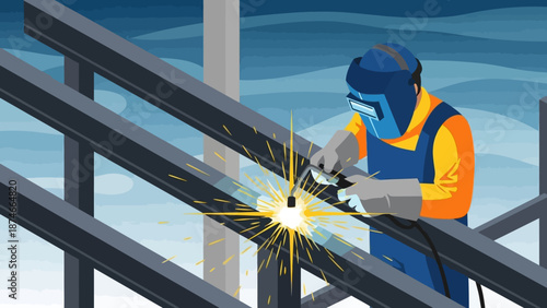 Skilled welder in protective gear working on metal beams with bright sparks in an industrial setting