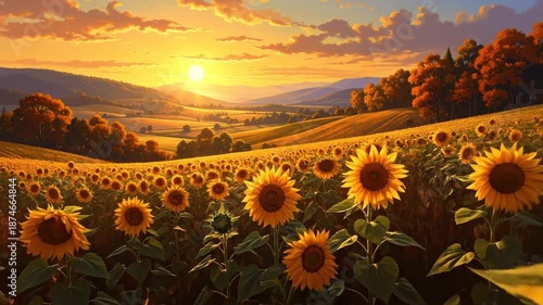 A picturesque sunflower field basks in the golden glow of a sunset over rolling hills and distant trees