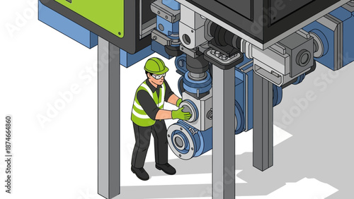 Isometric industrial maintenance worker fixing machinery in a factory setting