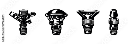 Watering tools vector icons set: nozzles, sprayers, garden equipment symbols