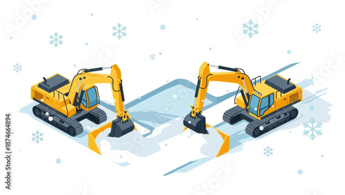 Isometric excavators clearing snowy terrain in winter scene with snowflakes