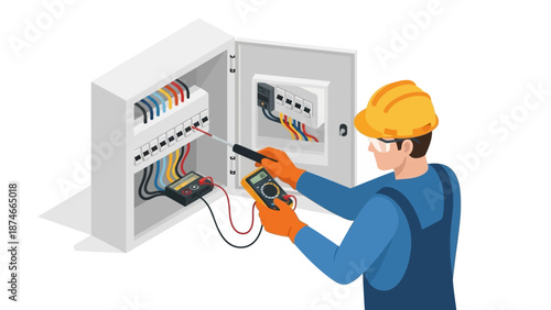 Electrician working on circuit breaker panel with safety gear and tools
