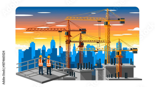 Urban construction site with tower cranes at sunset