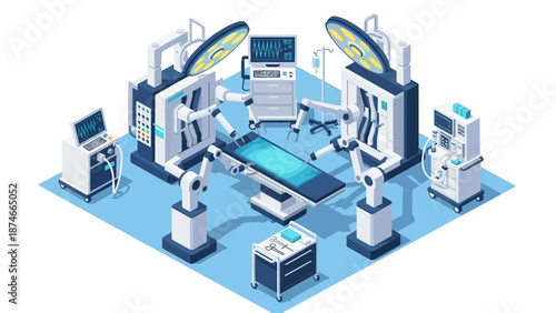 Advanced robotic surgery room with high-tech equipment in isometric design