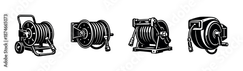 Set of hose reel vector icons. industrial equipment symbols. coiled hose graphics